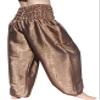RaanPahMuang Textured Thai Silk Smock Waist MC Hammer Dance Pants with Pocket, Medium, Pale Brown view 2