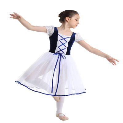YOOJIA Kids Girls Short Bubble Sleeves Ballet Dance Dress Velvet Mesh Lacework Gymnastic Dancing Costume Leotard Navy Blue 9-10