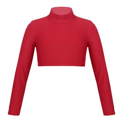 YiZYiF Kids Girls Basics Sportswear Athletic Long Sleeve Stretch Short Mock Neck T-Shirt Crop Top Red 14
