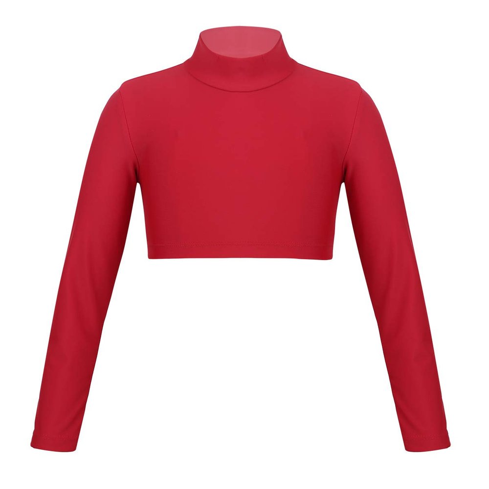 YiZYiF Kids Girls Basics Sportswear Athletic Long Sleeve Stretch Short Mock Neck T-Shirt Crop Top Red 14