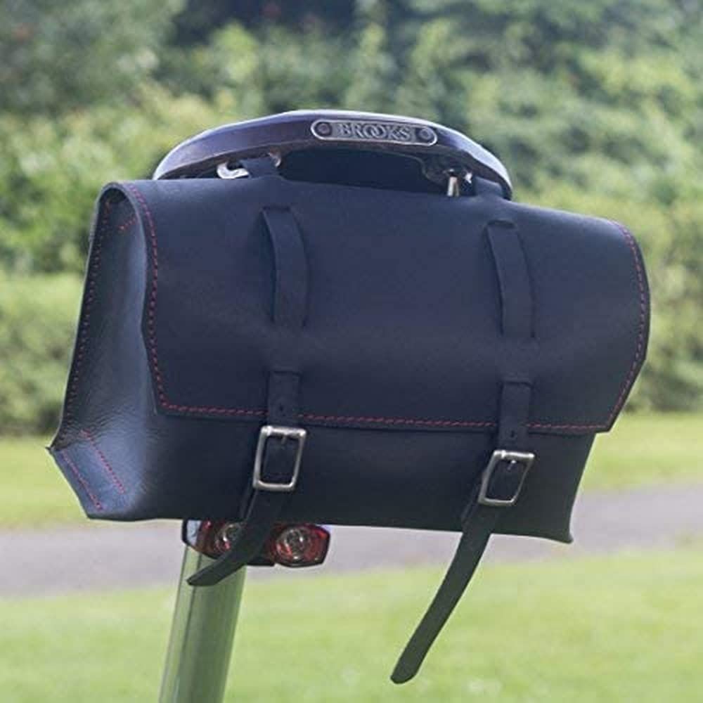 London Craftwork Large Bicycle Bag Saddle/Handlebar/Frame Bag in Black Leather Classic Bag Red Stitching XL-BL-RED