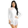 Agoky Women's Long Sleeve Mesh Patchwork Leotard Dancewear Gymnastics Figure Ice Skating Dress Short Skirted White Small view 2