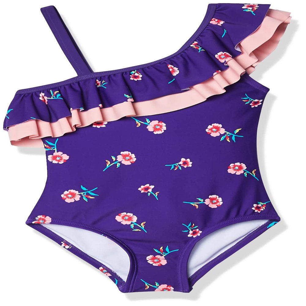 Kanu Surf Girls' Morgan Floral Ruffle 1-Shoulder 1-Piece Swimsuit, Purple, 4T