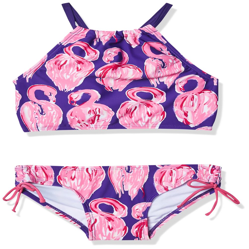 Kanu Surf Girls' Big Hallie Flamingo Halter Tankini Beach Sport 2-Piece Swimsuit, Purple, 14