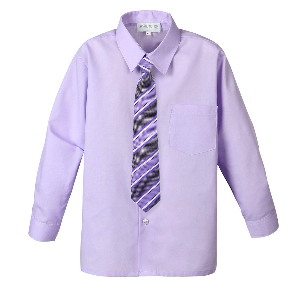 Spring Notion Big Boys' Cotton Blend Dress Shirt and Tie Set 12M Lilac