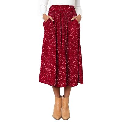Exlura Womens High Waist Polka Dot Pleated Skirt Midi Swing Skirt with Pockets Red X-Large