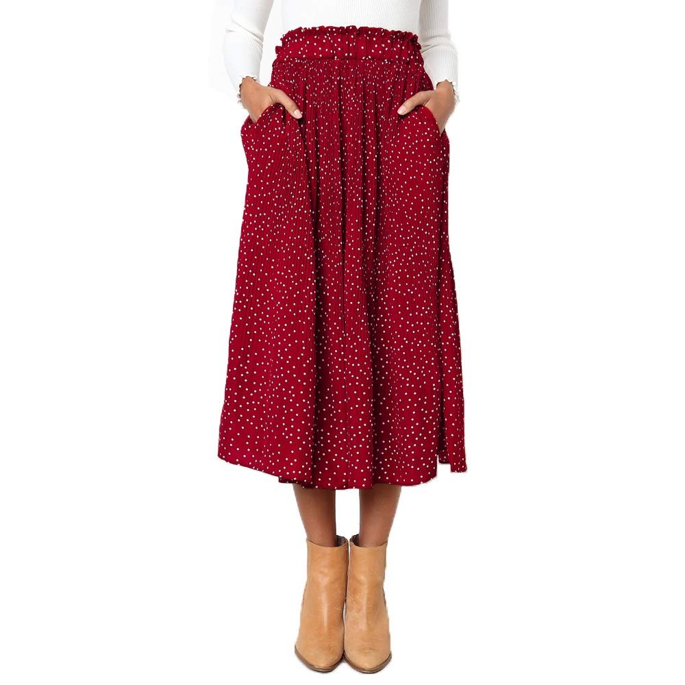 Exlura Womens High Waist Polka Dot Pleated Skirt Midi Swing Skirt with Pockets Red X-Large