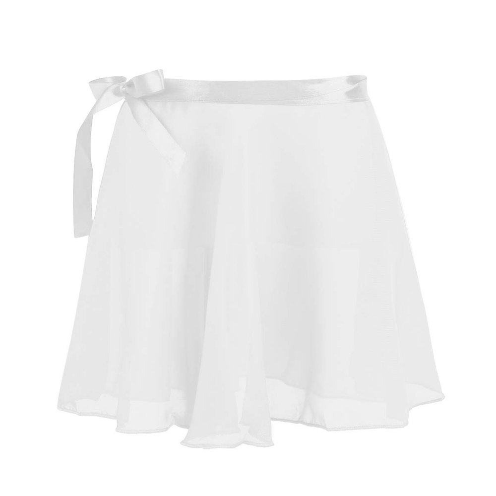 FEESHOW Kids Girls Basic Classic Ribbon Ties Ballet Dance Chiffon Wrap Skirt Active Skirt Dress White 8-12