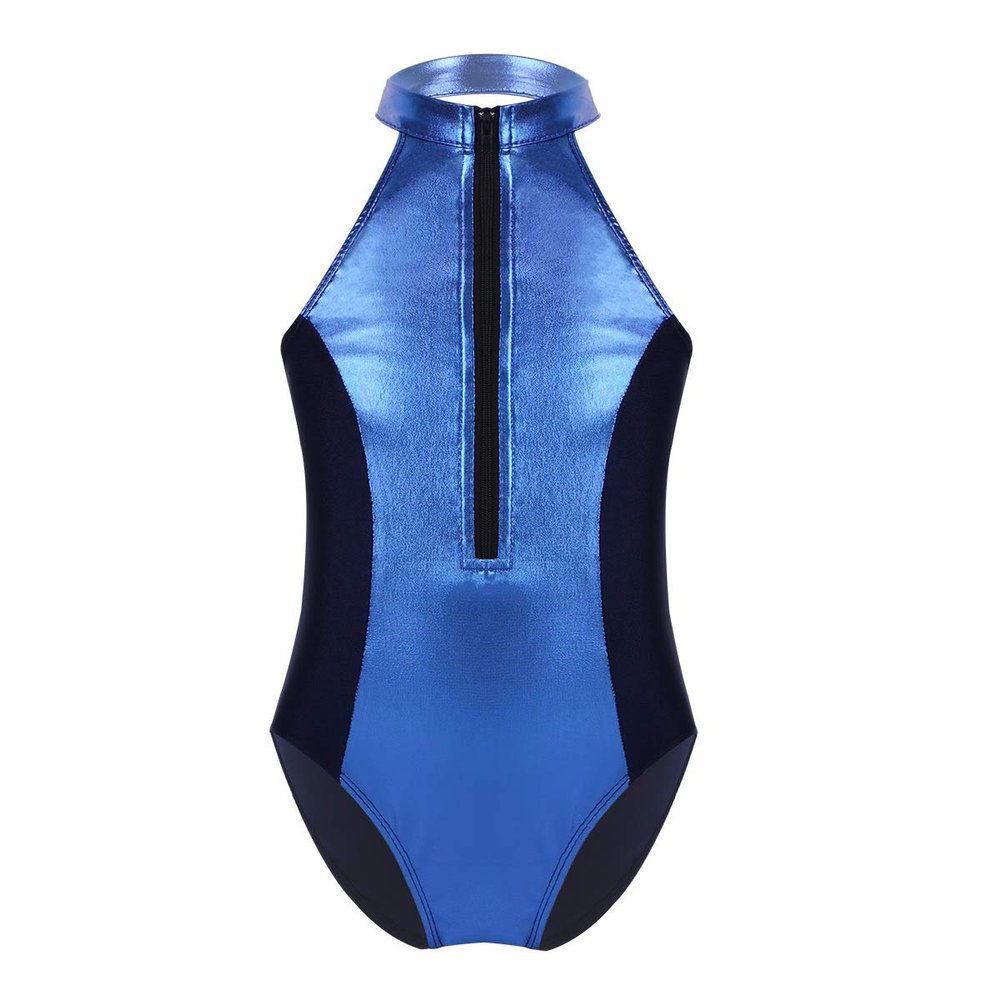 Alvivi Girls Kids Halter-neck Shiny Metallic Splice Ballet Dance Leotard Tops Gymnastics Dancewear Blue 5-6