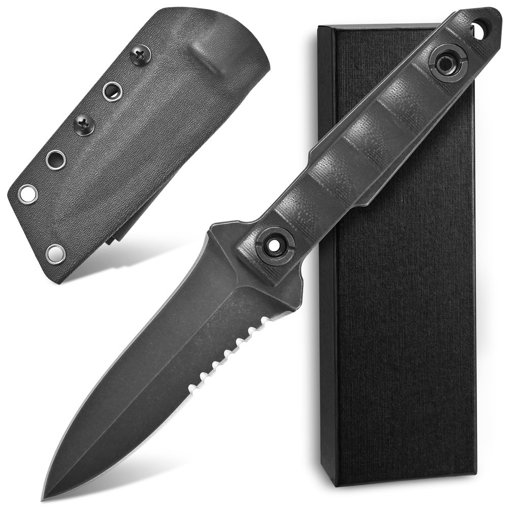 Ccanku C1290 Fixed Blade Marine Corp Serrated Knife 8 Inch D2 Blade Steel & G10 Handle For Outdoor Survival, Camping, Bushcraft and Hunting, K Sheath-Black