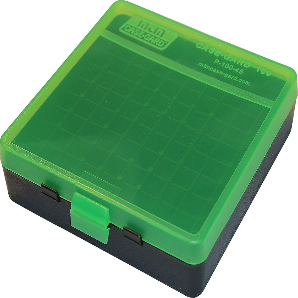 MTM PLASTIC AMMO BOX, CLEAR GREEN/BLACK 100 Round 40 S&W / 45 ACP - FREE SHIPPING (12)