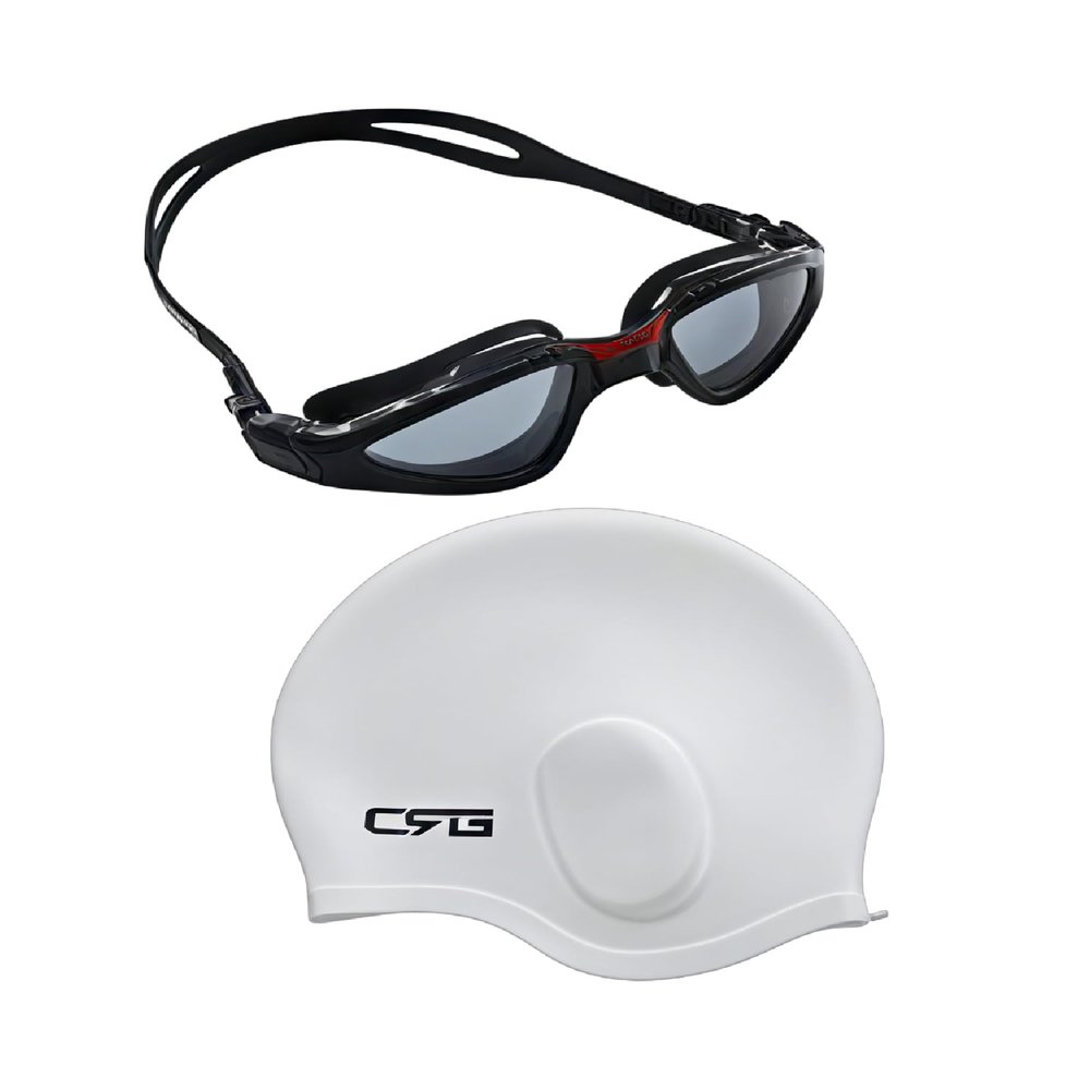 CRG Silicone Swimming Cap, UV Protection Anti Fog Adult Adjustable Swimming Swim Goggles Set for Man, Women, Adult (White 890BR)