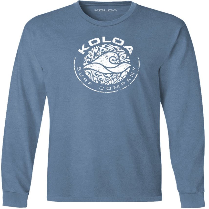 Joe's USA - Koloa Circle Wave Vintage Pigment Dyed Long Sleeve Tee (X-Large, Denim Blue with White)