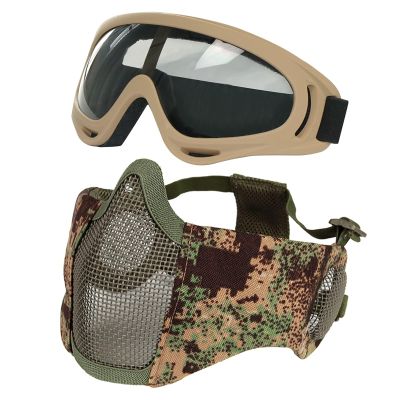 AOUTACC Airsoft Protective Gear Set, Half Face Mesh Mask with Ear Protection and Tactical Goggles for Adult Men Women BBS Paintball Shooting CS Survival Games Cosplay (PG)