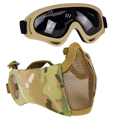 AOUTACC Airsoft Protective Gear Set, Half Face Mesh Mask with Ear Protection and Tactical Goggles for Adult Men Women BBS Paintball Shooting CS Survival Games Cosplay (MC02)