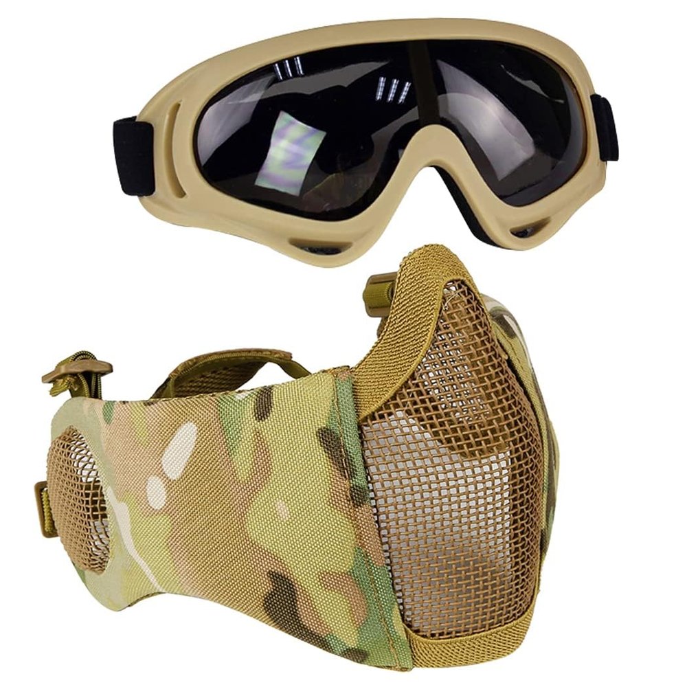 AOUTACC Airsoft Protective Gear Set, Half Face Mesh Mask with Ear Protection and Tactical Goggles for Adult Men Women BBS Paintball Shooting CS Survival Games Cosplay (MC02)
