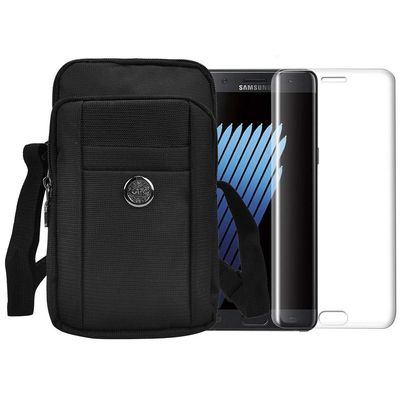 Bundle: Sports Travel EDC Tactical Pouch (Black) with Tempered Glass Screen Protector for Samsung Galaxy S9 - Includes Detachable Shoulder Strap, Belt Loop, & Carabiner Clip