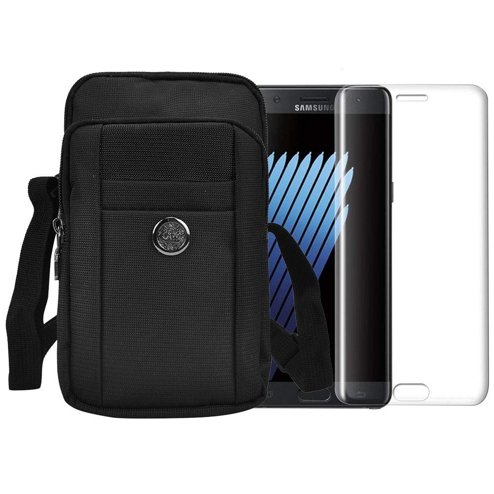 Bundle: Sports Travel EDC Tactical Pouch (Black) with Tempered Glass Screen Protector for Samsung Galaxy S9 - Includes Detachable Shoulder Strap, Belt Loop, & Carabiner Clip