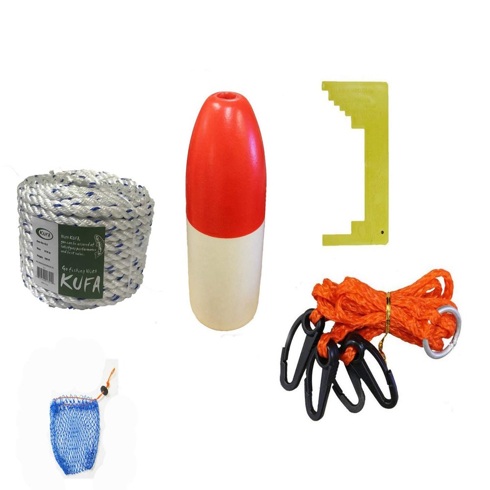 KUFA Sports Crab Trap Accessories Combo, 5/16" x100' Non-Lead Rope, 11" R/W Float, Caliper, Harness & Bait Bag (CAM-1)