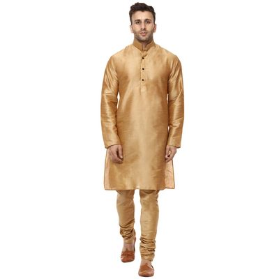 Veera Paridhaan Men's Silk Plain Chinese Collar Kurta with Payjama (L, Golden1)