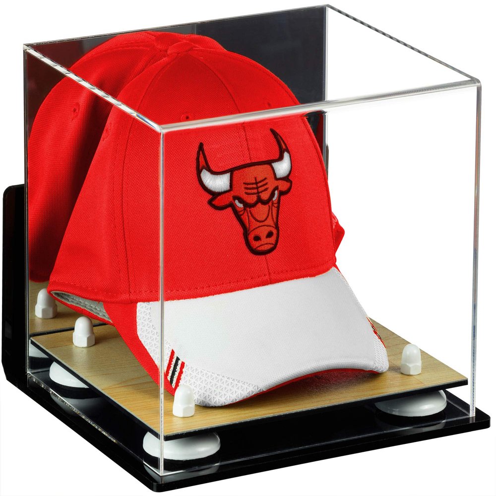 Better Display Cases Acrylic Basketball Hat or Cap Display Case with Mirror, Wall Mount, White Risers and Wood Base (A006-WR)