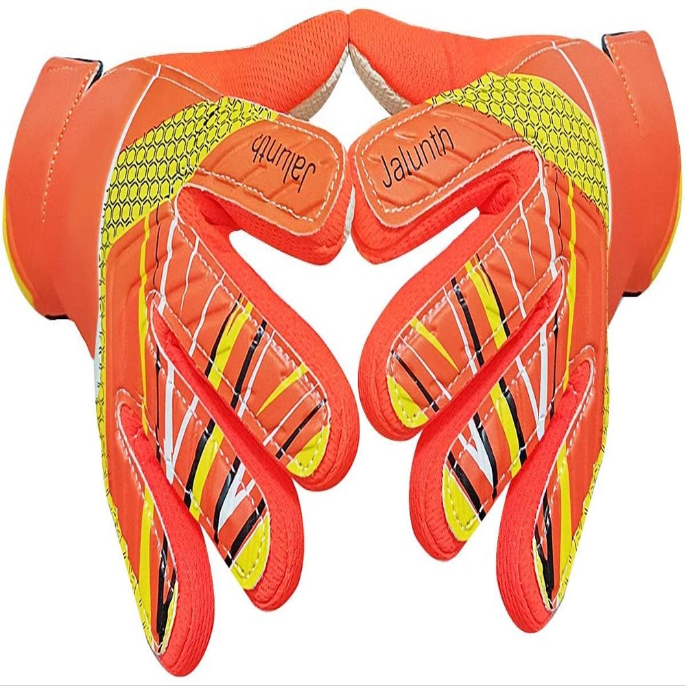 Jalunth Soccer Goalkeeper Goalie Gloves Kids Youth Goal Keeper Field Player Glove Boys Girls Ages 7-8 Years Old Anti-Slip Latex Palm Soft Pu Hand Back Orange Size 6