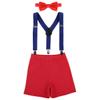 IBTOM CASTLE Toddler Baby Boy Clothes Set 1st Birthday Cake Smash Bowtie Suspenders Pants 3pcs Outfits Diaper Nappy Cover Christening Clothes Red+Roral Blue view 1