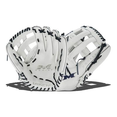 Miken | PRO SERIES Slowpitch Softball Glove | 14" | White / Blue Laces | RHT