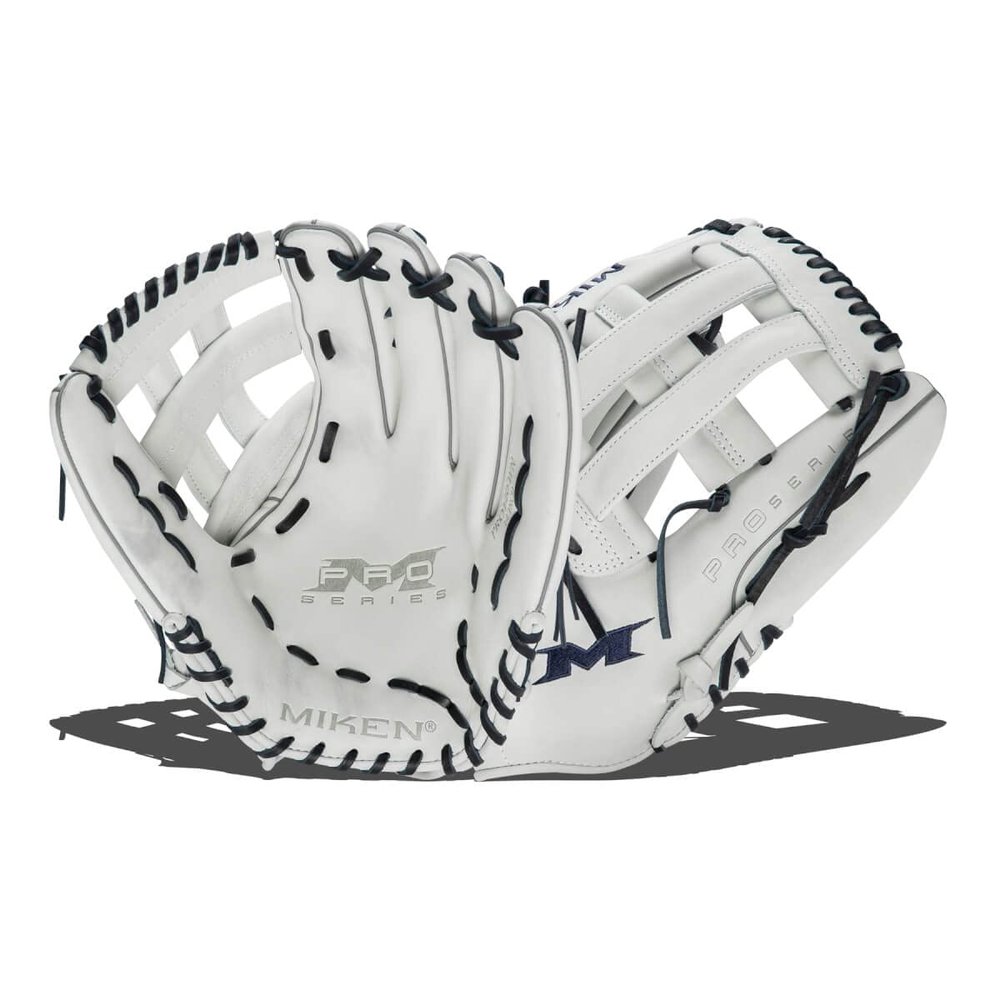 Miken | PRO SERIES Slowpitch Softball Glove | 14" | White / Blue Laces | RHT