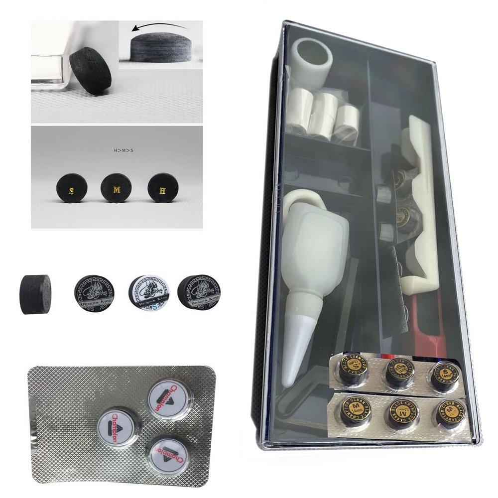 Premium Pool Cue Repair Tip Kit-1 Tip Clamp, 2 Cue Tip Shaper, 6 Soft, Medium, and Hard Cue Tips