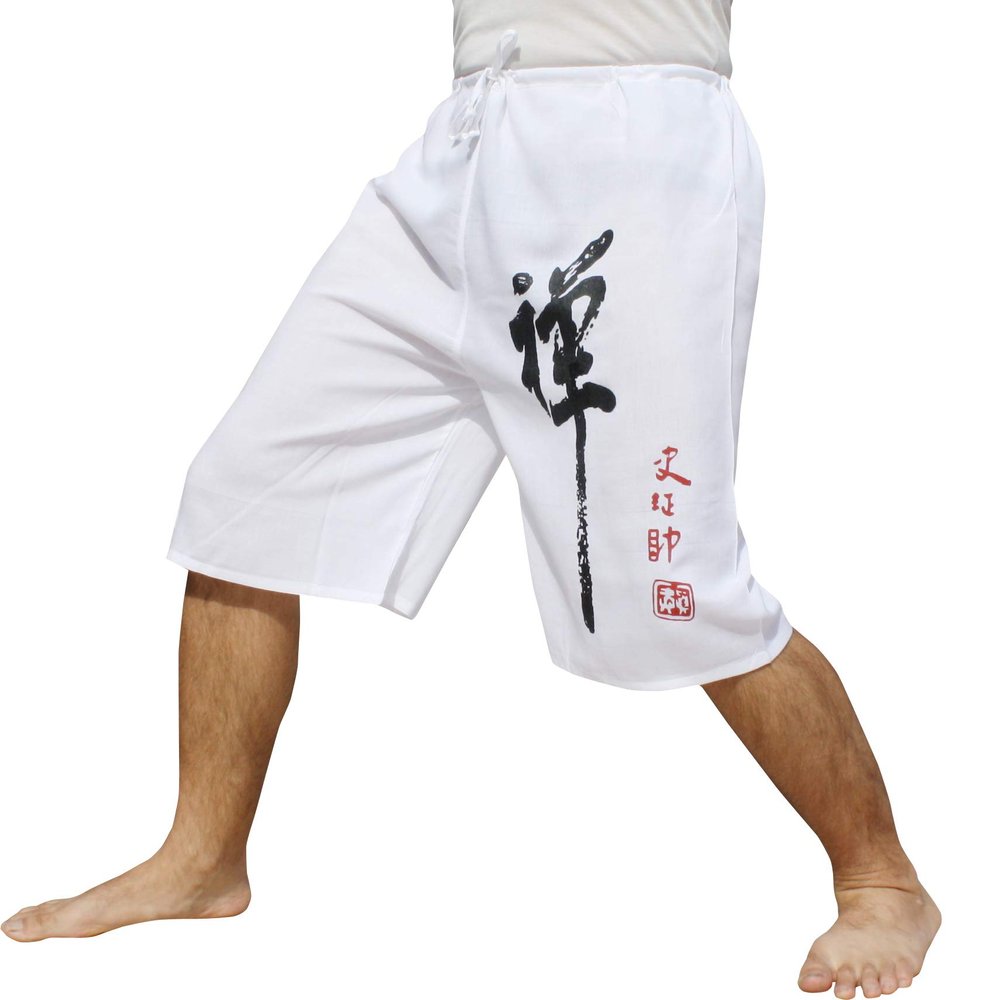 Full Funk Rayon 3/4 Leg Short Tie Pull String Pants with Chinese Zen Print, Large, White