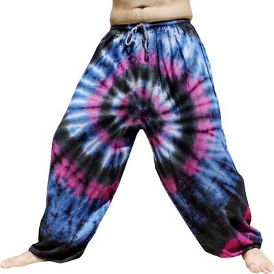 Full Funk Wide Breezy Leg Rayon Tie Dyed Elastic Waist Thin Summer Pants, Medium, Black Dark Blue