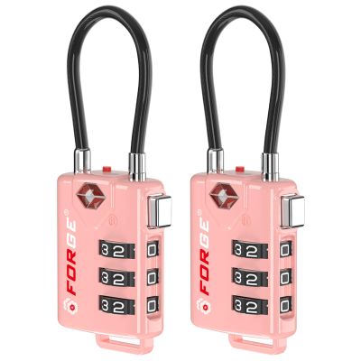 Forge TSA Approved Cable Luggage Locks, 2 Pink Locks, Re-settable Combination with Alloy Body