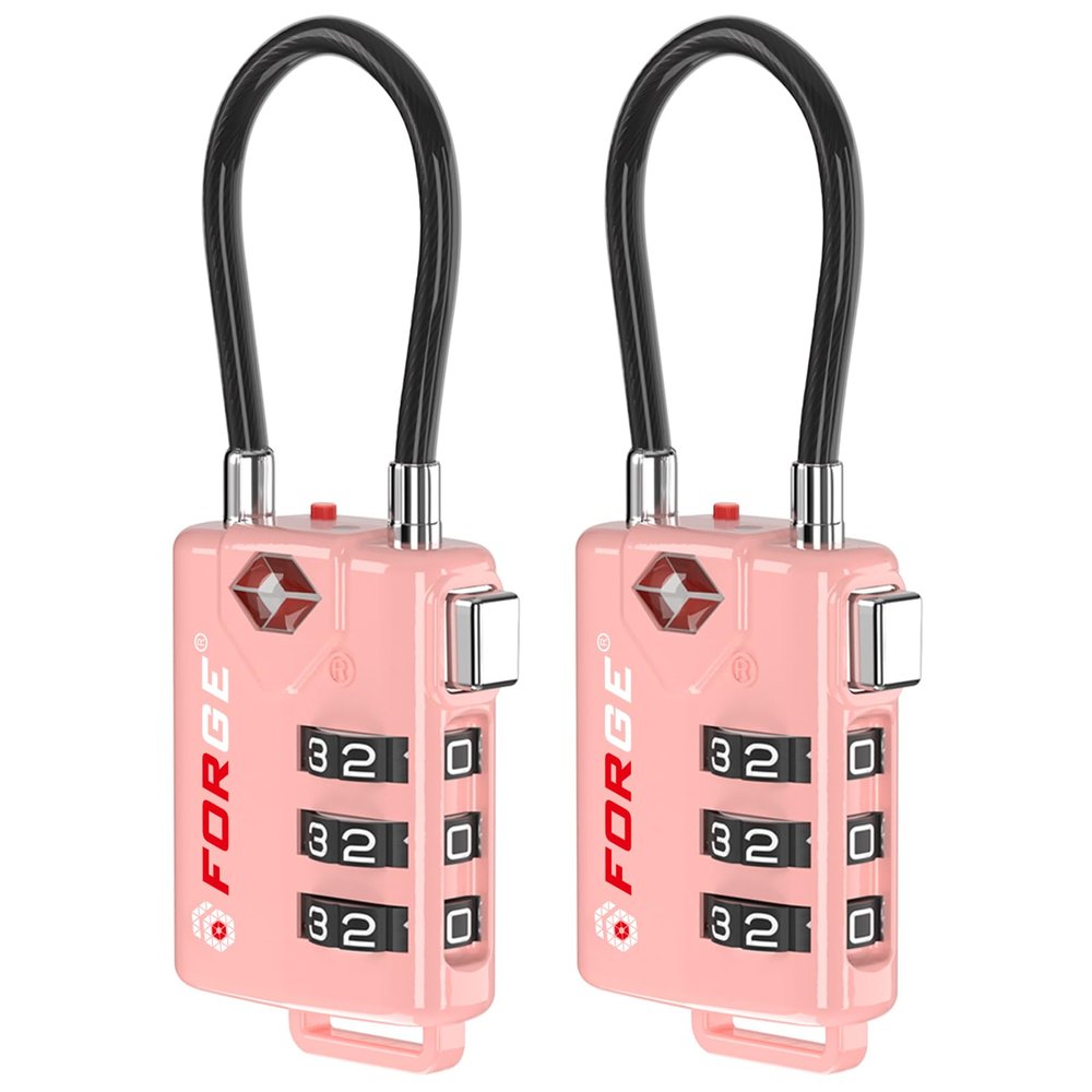 Forge TSA Approved Cable Luggage Locks, 2 Pink Locks, Re-settable Combination with Alloy Body