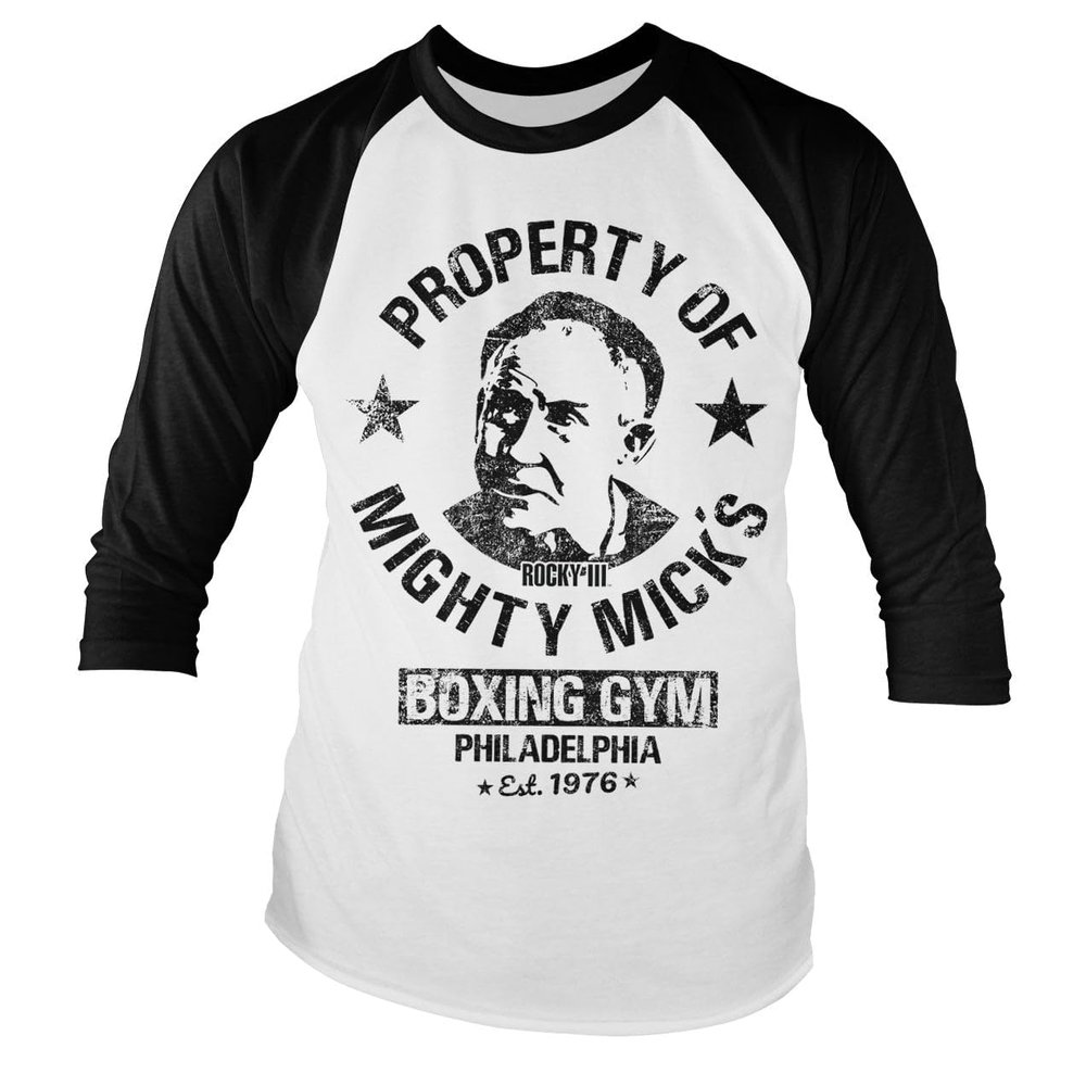 Rocky Officially Licensed Mighty Mick's Gym Baseball 3/4 Sleeve T-Shirt (White-Black), Medium