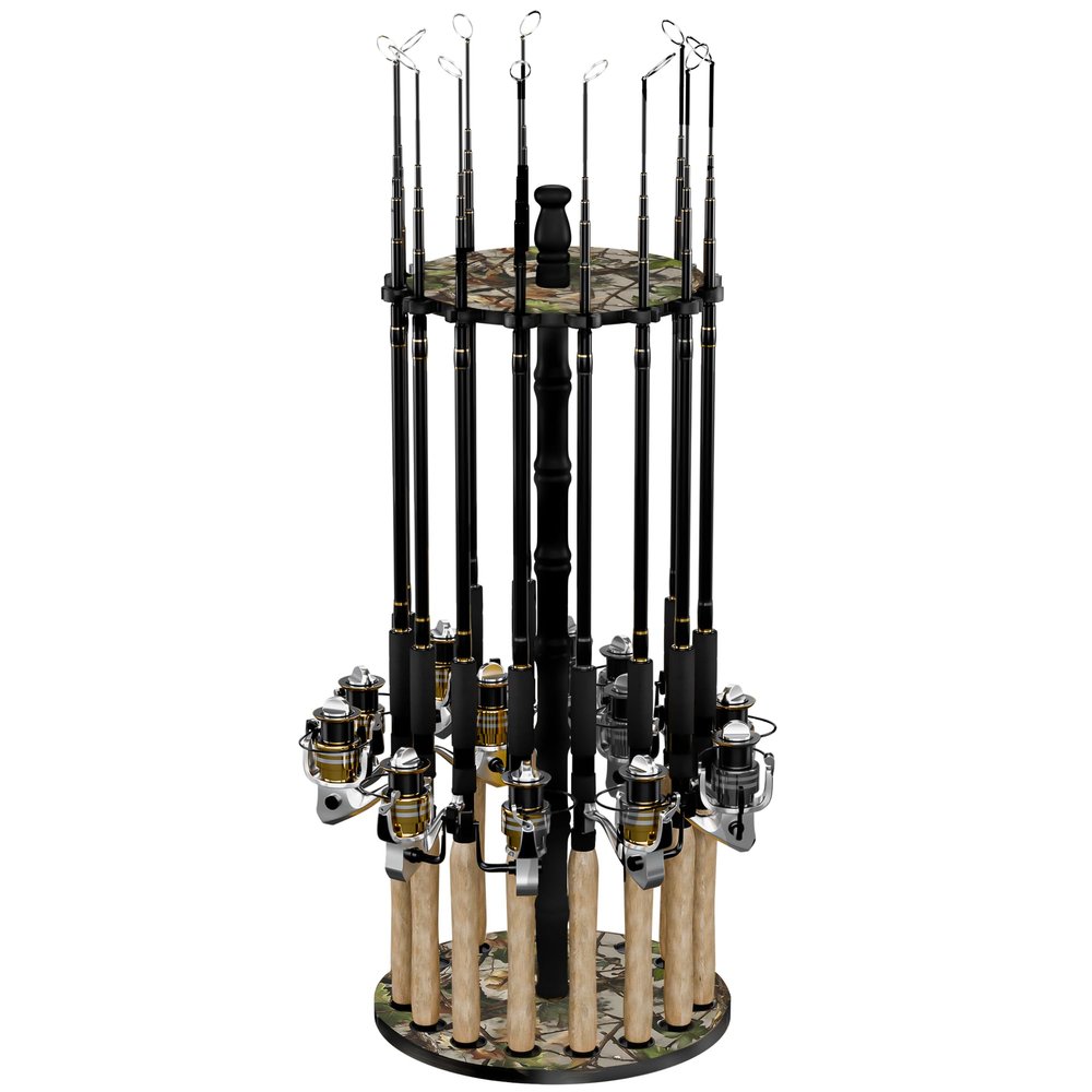 Rush Creek Creations 16-Rod Round Fishing Rod Holder for Garage, 360 Access Fishing Pole Holder for Fishing Rods, Reels, and Gear, Securely Holds 16 Rods, Camouflage