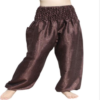 RaanPahMuang Textured Thai Silk Smock Waist MC Hammer Dance Pants with Pocket, Medium, Dark Brown