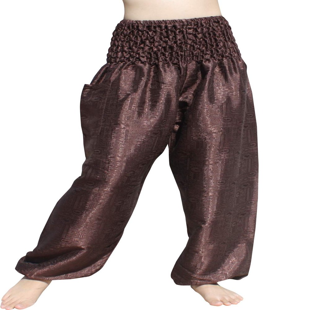 RaanPahMuang Textured Thai Silk Smock Waist MC Hammer Dance Pants with Pocket, Medium, Dark Brown