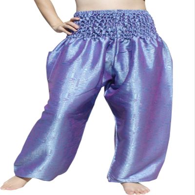 RaanPahMuang Textured Thai Silk Smock Waist MC Hammer Dance Pants with Pocket, Medium, Blue Purple