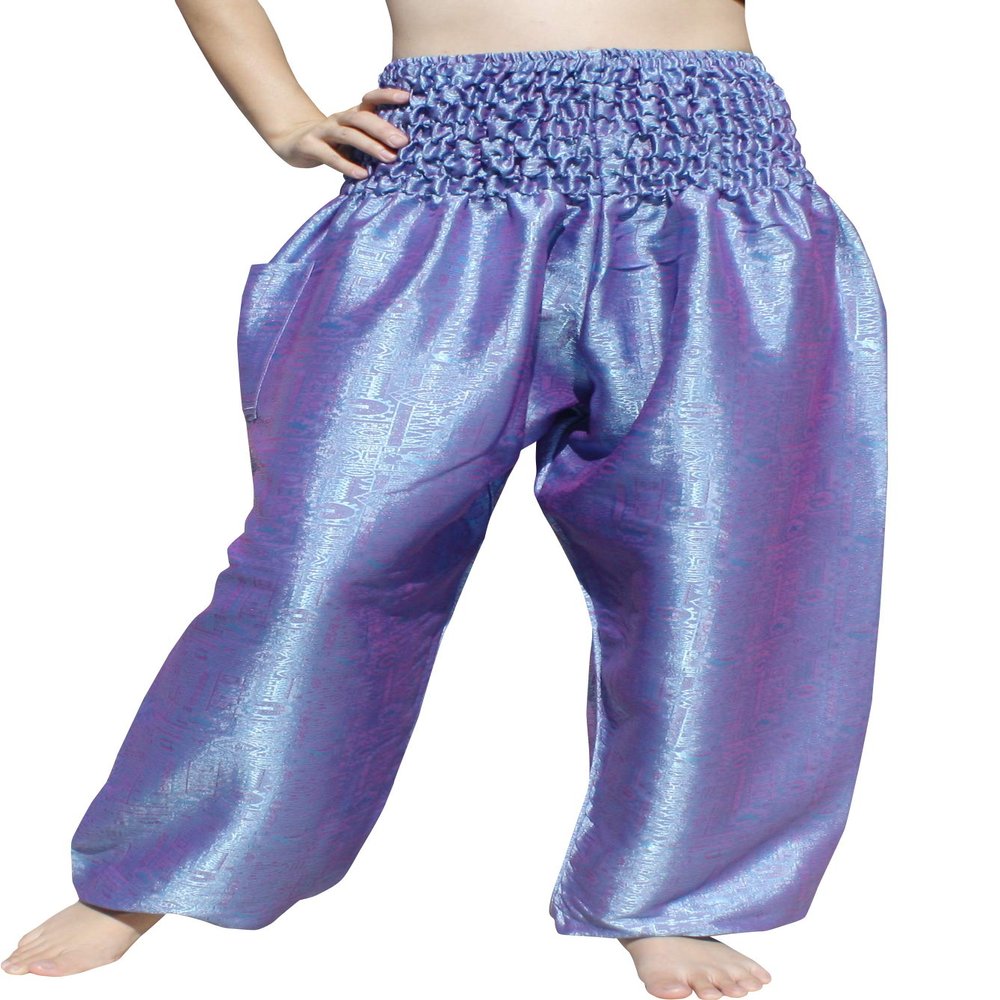 RaanPahMuang Textured Thai Silk Smock Waist MC Hammer Dance Pants with Pocket, Medium, Blue Purple