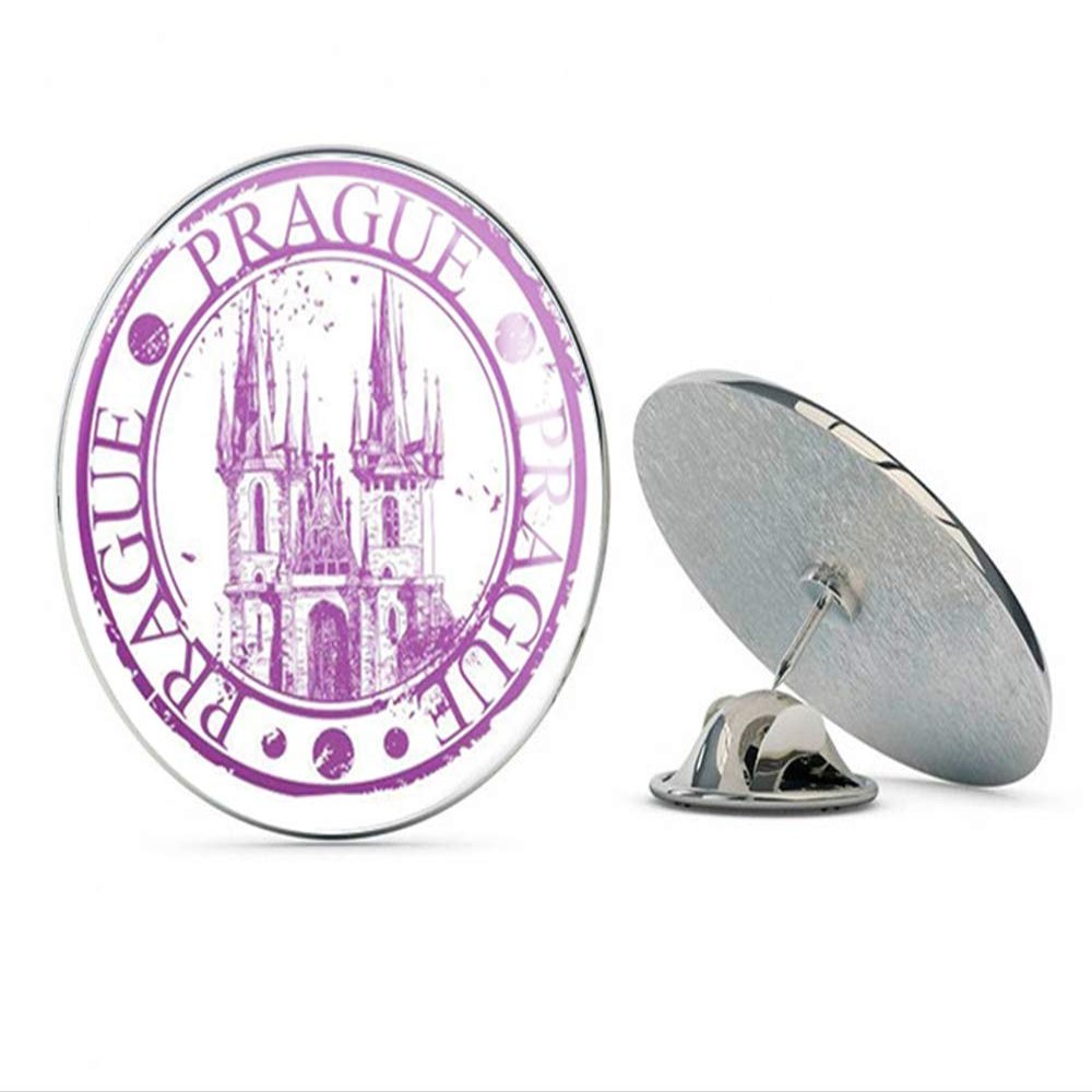 Prague Travel Stamp Desgn Round Metal 0.75" Lapel Pin Hat Shirt Pin Tie Tack Pinback