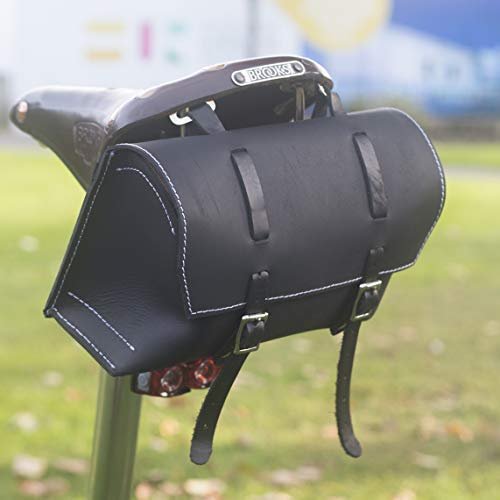London Craftwork Large Bicycle Bag Saddle/Handlebar/Frame Bag in BLACK LEATHER Classic Bag White Stitching XL-BL-WH