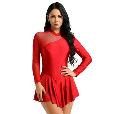 Agoky Women's Long Sleeve Mesh Patchwork Leotard Dancewear Gymnastics Figure Ice Skating Dress Short Skirted Red X-Large
