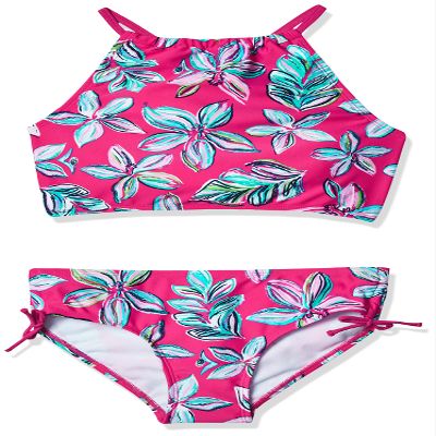 Kanu Surf Girls' Little Charlotte Floral Halter Tankini Beach Sport 2-Piece Swimsuit, Pink, 4