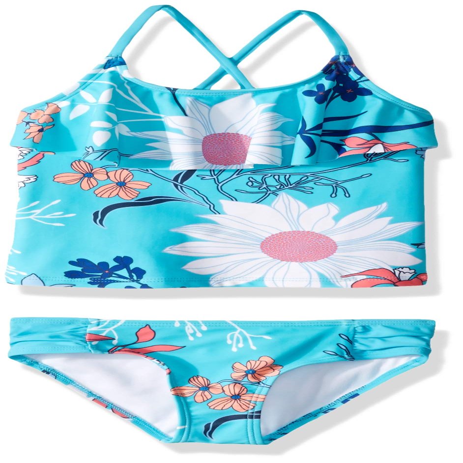 Kanu Surf girls Charlotte Flounce Tankini Beach Sport 2-piece Two Piece Swimsuit, Paige Aqua Floral, 10 US