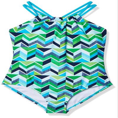 Kanu Surf Girls' Big Ruby Chevron Beach Sport 1-Piece Swimsuit, Navy/Green, 10