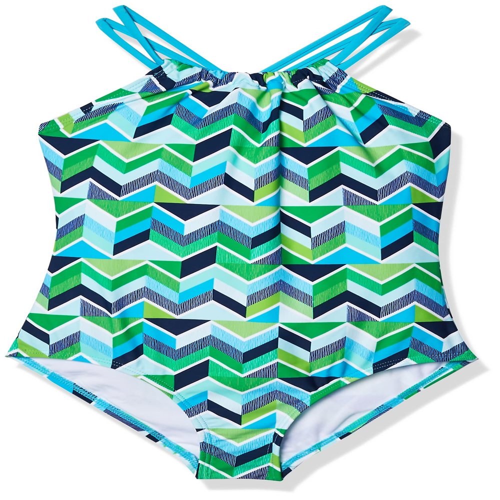 Kanu Surf Girls' Big Ruby Chevron Beach Sport 1-Piece Swimsuit, Navy/Green, 10