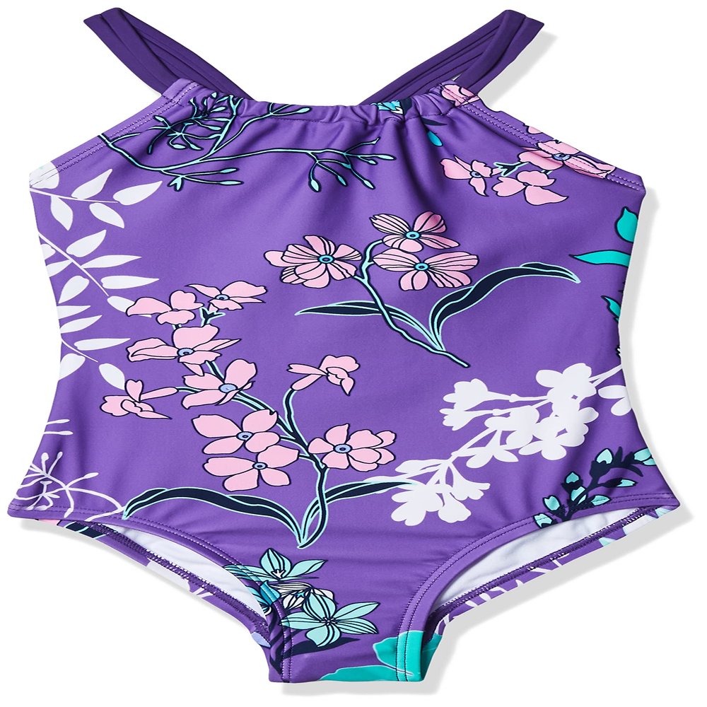 Kanu Surf Girls' Big Paige Floral Halter Top Beach Sport 1-Piece Swimsuit, Purple, 12