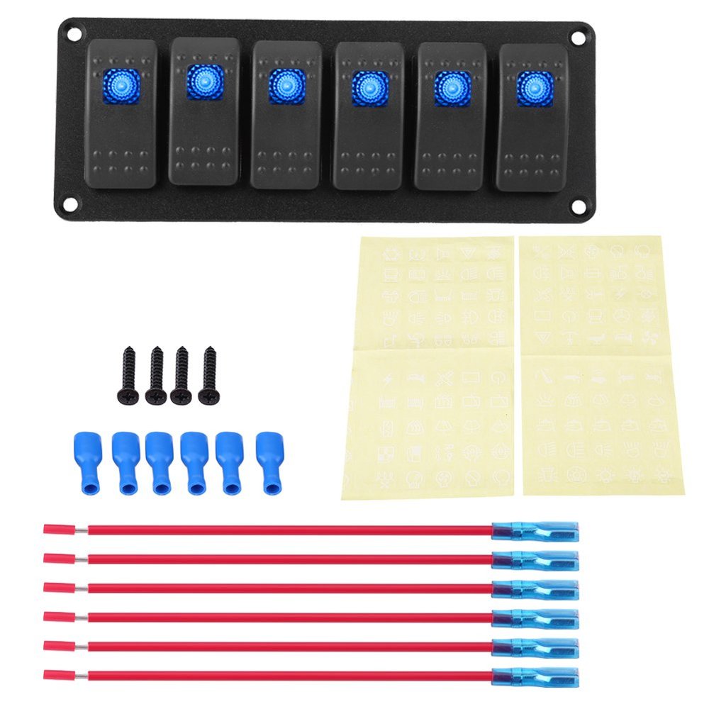 6 Gang LED Switch Panel,12-24V 6 Gang Rocker Switch Panel for Car RV Boat Yacht Marine(Blue LED)