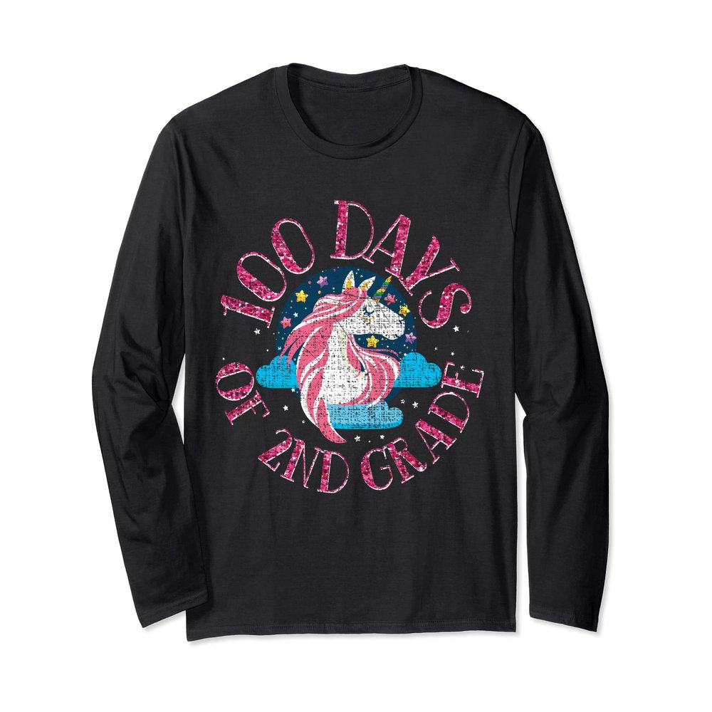 100th Day Of School Long Sleeve Unicorn 2nd Grade Grunge